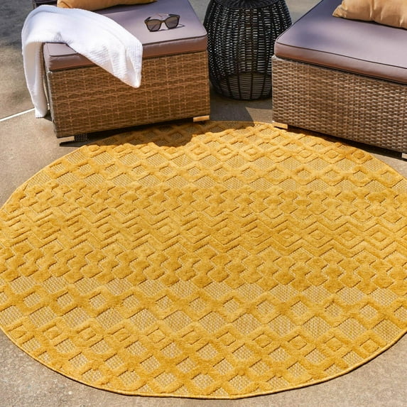 Unique Loom Outdoor Trellis Textured Collection Area Rug - Osage (5' 3" Round Yellow)