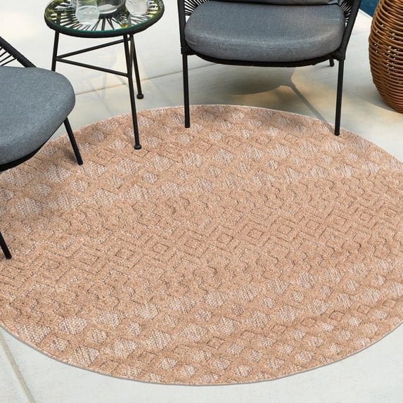 Unique Loom Outdoor Trellis Textured Collection Area Rug - Osage (7' Round Beige)