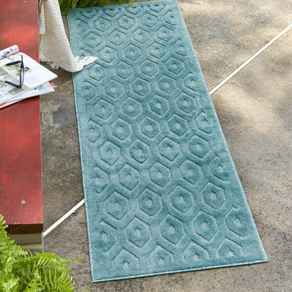 Unique Loom Outdoor Trellis Textured Collection Area Rug - Spatial (2' x 8' Runner Aqua/Ivory)