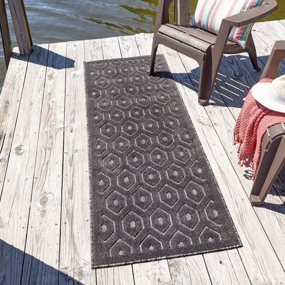 Unique Loom Outdoor Trellis Textured Collection Area Rug - Spatial (2' x 8' Runner Charcoal/Ivory)