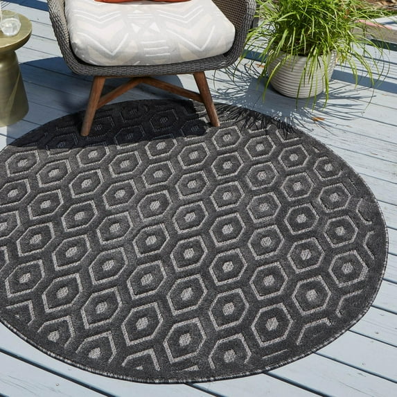 Unique Loom Outdoor Trellis Textured Collection Area Rug - Spatial (3' Round Charcoal/Ivory)