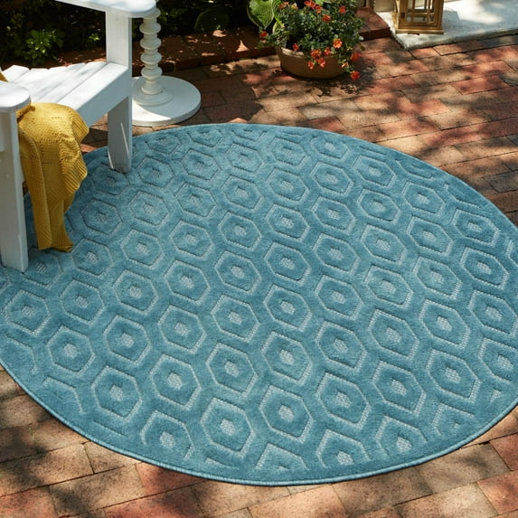 Unique Loom Outdoor Trellis Textured Collection Area Rug - Spatial (4' Round Aqua/Ivory)