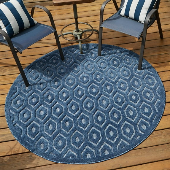 Unique Loom Outdoor Trellis Textured Collection Area Rug - Spatial (5' 3" Round Navy Blue/Ivory)