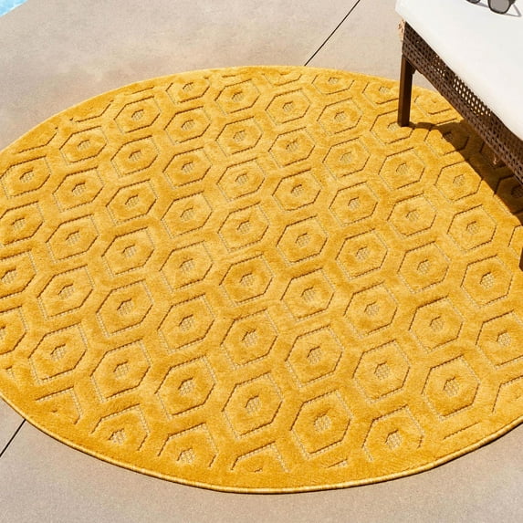 Unique Loom Outdoor Trellis Textured Collection Area Rug - Spatial (5' 3" Round Yellow)