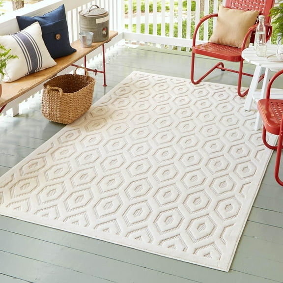Unique Loom Outdoor Trellis Textured Collection Area Rug - Spatial (5' 3" x 8' Rectangle Ivory)