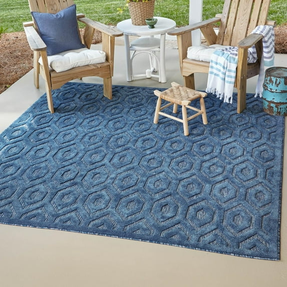 Unique Loom Outdoor Trellis Textured Collection Area Rug - Spatial (7' 10" Square Navy Blue/Ivory)
