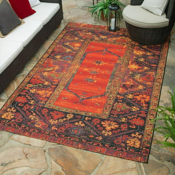 Unique Loom Outdoor Tribal Collection Area Rug - Quepos (5' 3" x 8' Rectangle Multi/Black)