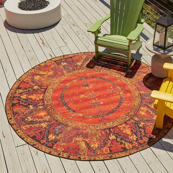 Unique Loom Outdoor Tribal Collection Area Rug - Quepos (7' 1" Round Multi/Black)
