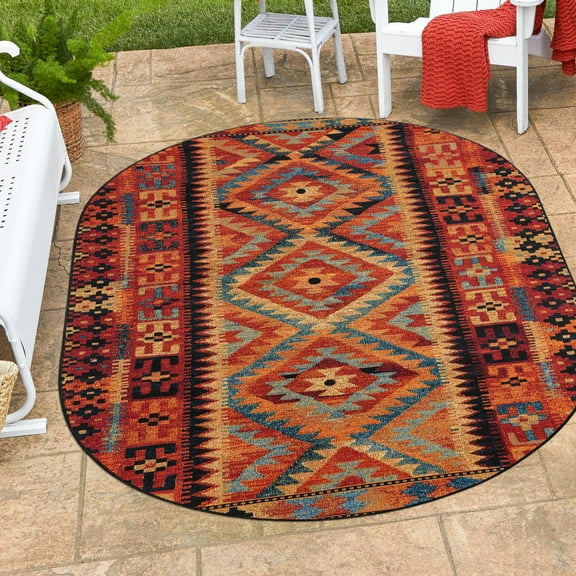 Unique Loom Outdoor Tribal Collection Area Rug - Tortuguero (2' 2" x 3' 1" Oval Multi/Blue)