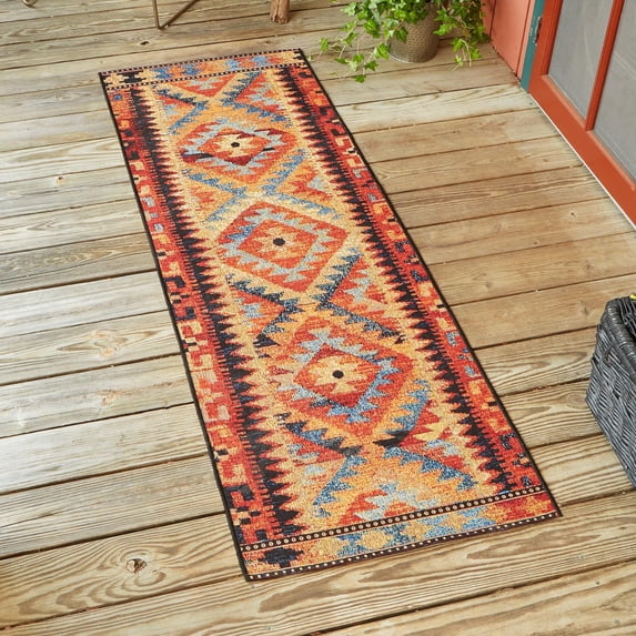 Unique Loom Outdoor Tribal Collection Area Rug - Tortuguero (2' x 8' Runner Multi/Blue)