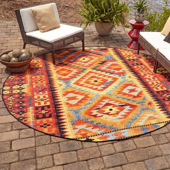 Unique Loom Outdoor Tribal Collection Area Rug - Tortuguero (5' 1" Round Multi/Blue)