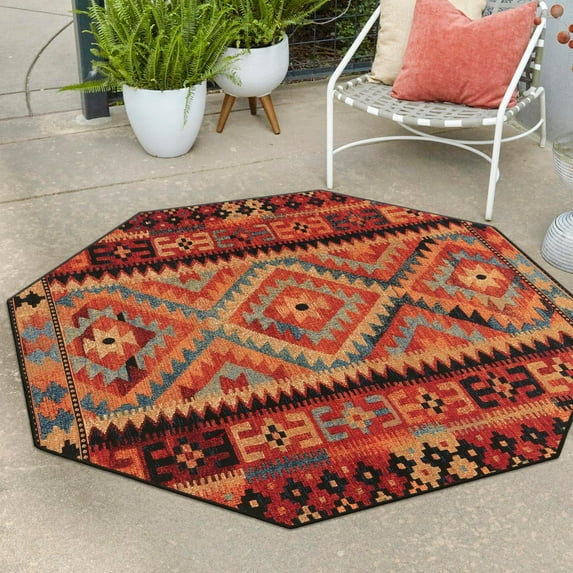 Unique Loom Outdoor Tribal Collection Area Rug - Tortuguero (7' 1" Octagon Multi/Blue)