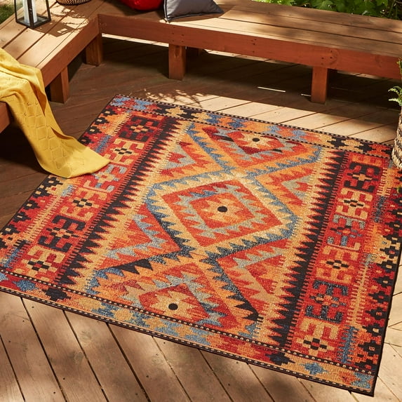 Unique Loom Outdoor Tribal Collection Area Rug - Tortuguero (7' 10" Square Multi/Blue)