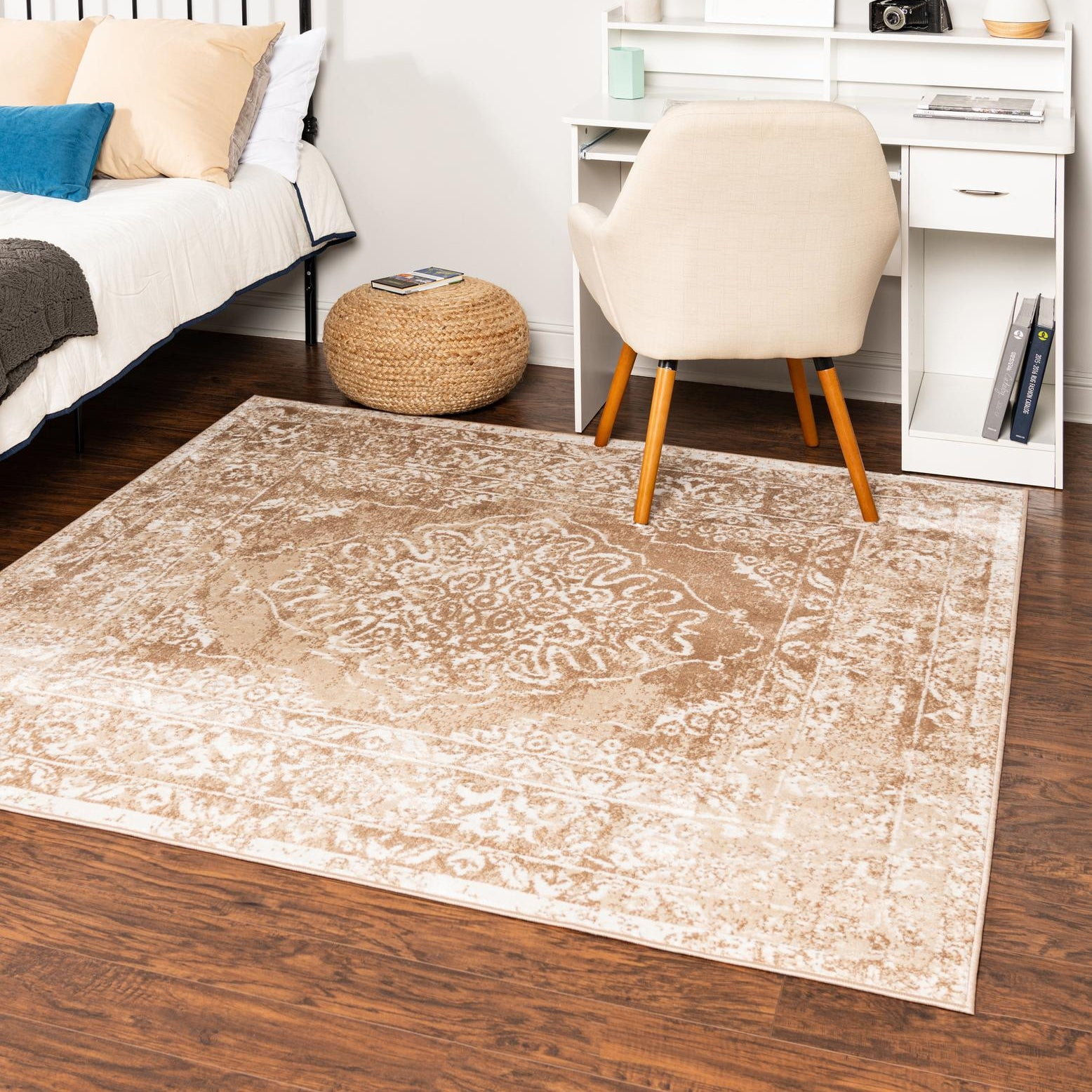 Oxford Beige Floral Synthetic Square Area Rug
