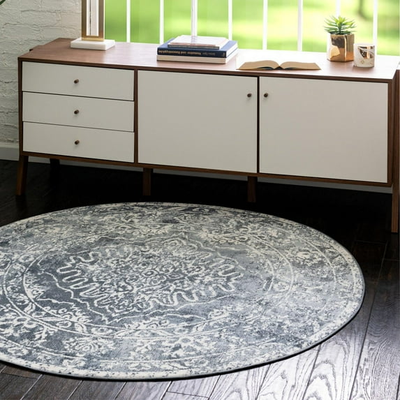 Unique Loom Oxford Collection Area Rug - Bodleian (5' Round Blue/Ivory)