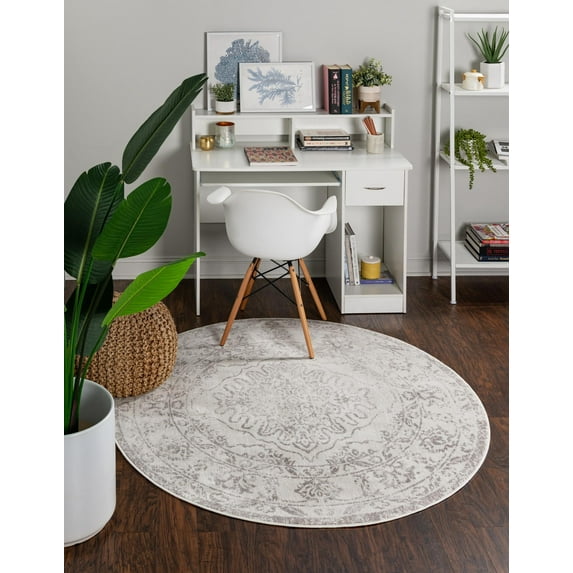 Unique Loom Oxford Collection Area Rug - Bodleian (7' Round Ivory/Gray)