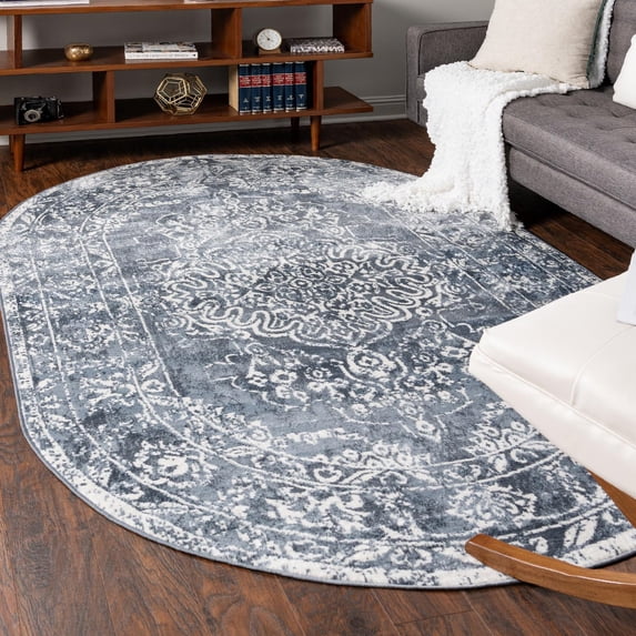 Unique Loom Oxford Collection Area Rug - Bodleian (8' x 10' Oval Blue/Ivory)
