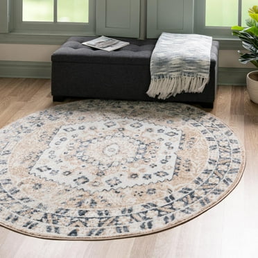 Unique Loom Oxford Collection Area Rug - Sheldonian (3' Round Beige/Navy Blue)