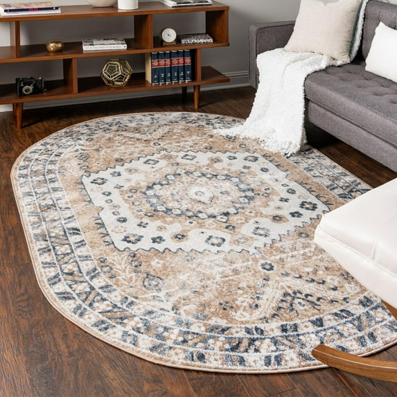 Unique Loom Oxford Collection Area Rug - Sheldonian (5' x 8' Oval Beige/Navy Blue)