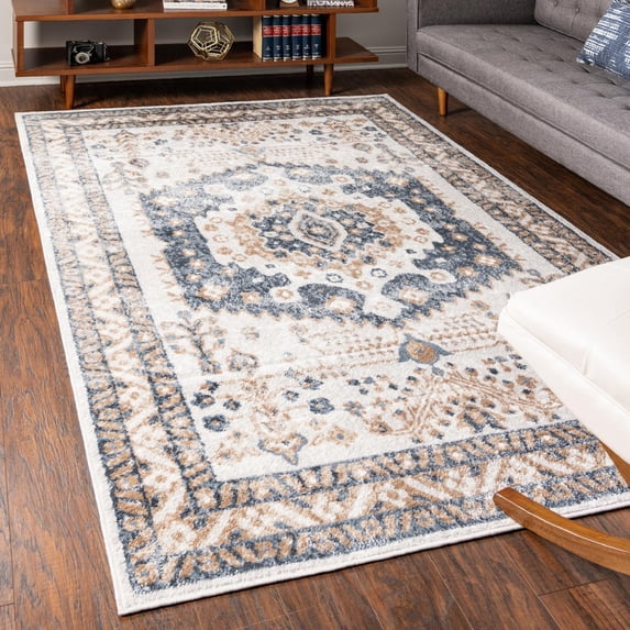 Unique Loom Oxford Collection Area Rug - Sheldonian (6' 1" x 9' Rectangle Cream/Navy Blue)