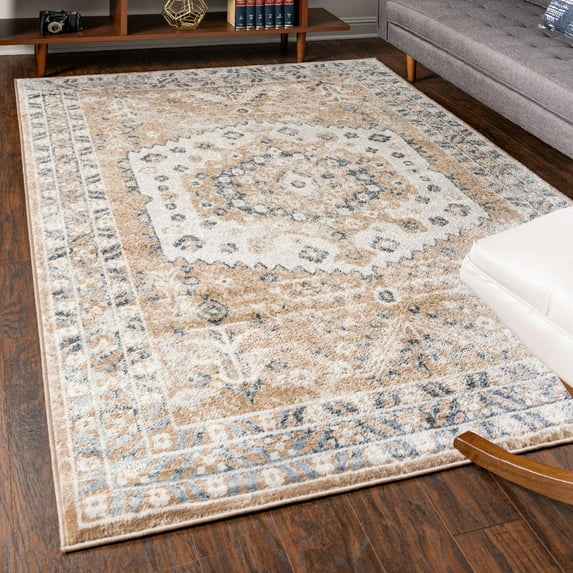 Unique Loom Oxford Collection Area Rug - Sheldonian (9' x 12' Rectangle Beige/Navy Blue)