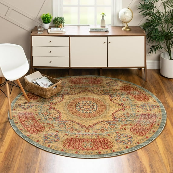 Unique Loom Palace Collection Area Rug - Amber (8' Round Light Blue/Light Brown)