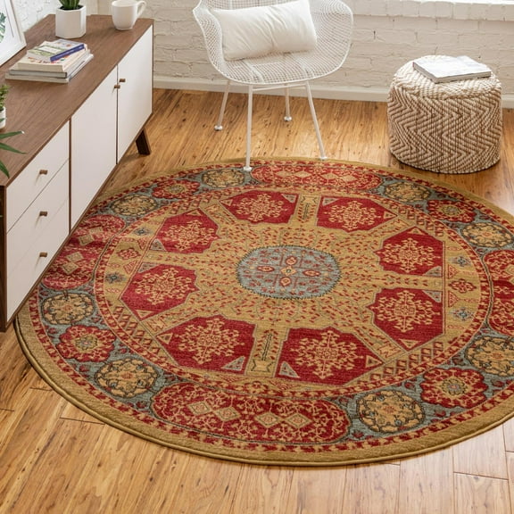 Unique Loom Palace Collection Area Rug - Monroe (3' 3" Round Red/Light Blue)