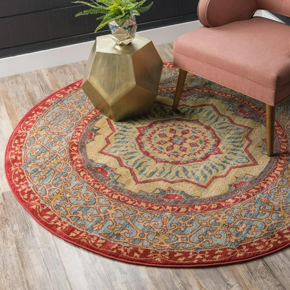Unique Loom Palace Collection Area Rug - Saray (6' 1" Round Navy Blue/Rust Red)