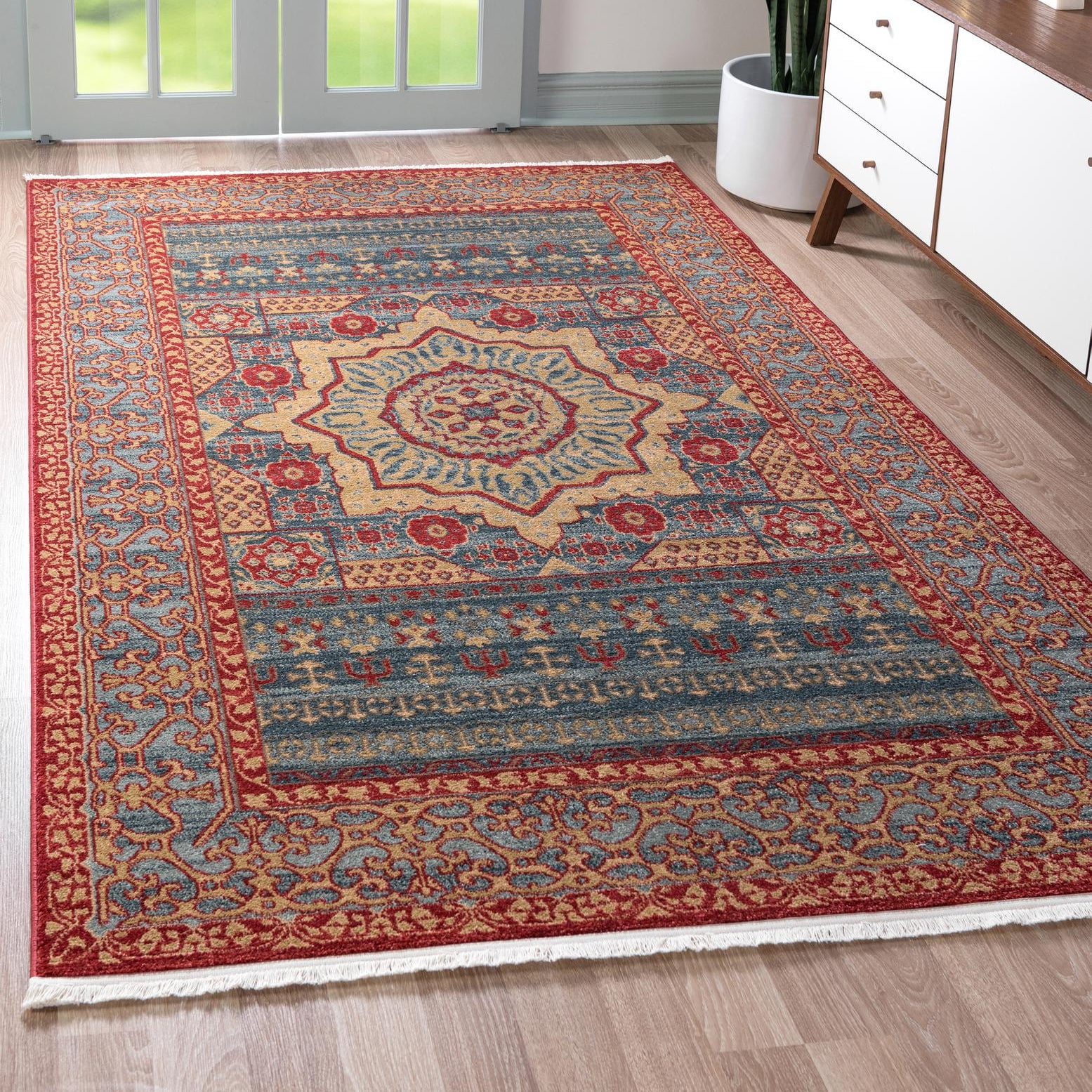 Navy Blue and Rust Red Rectangular Synthetic Area Rug