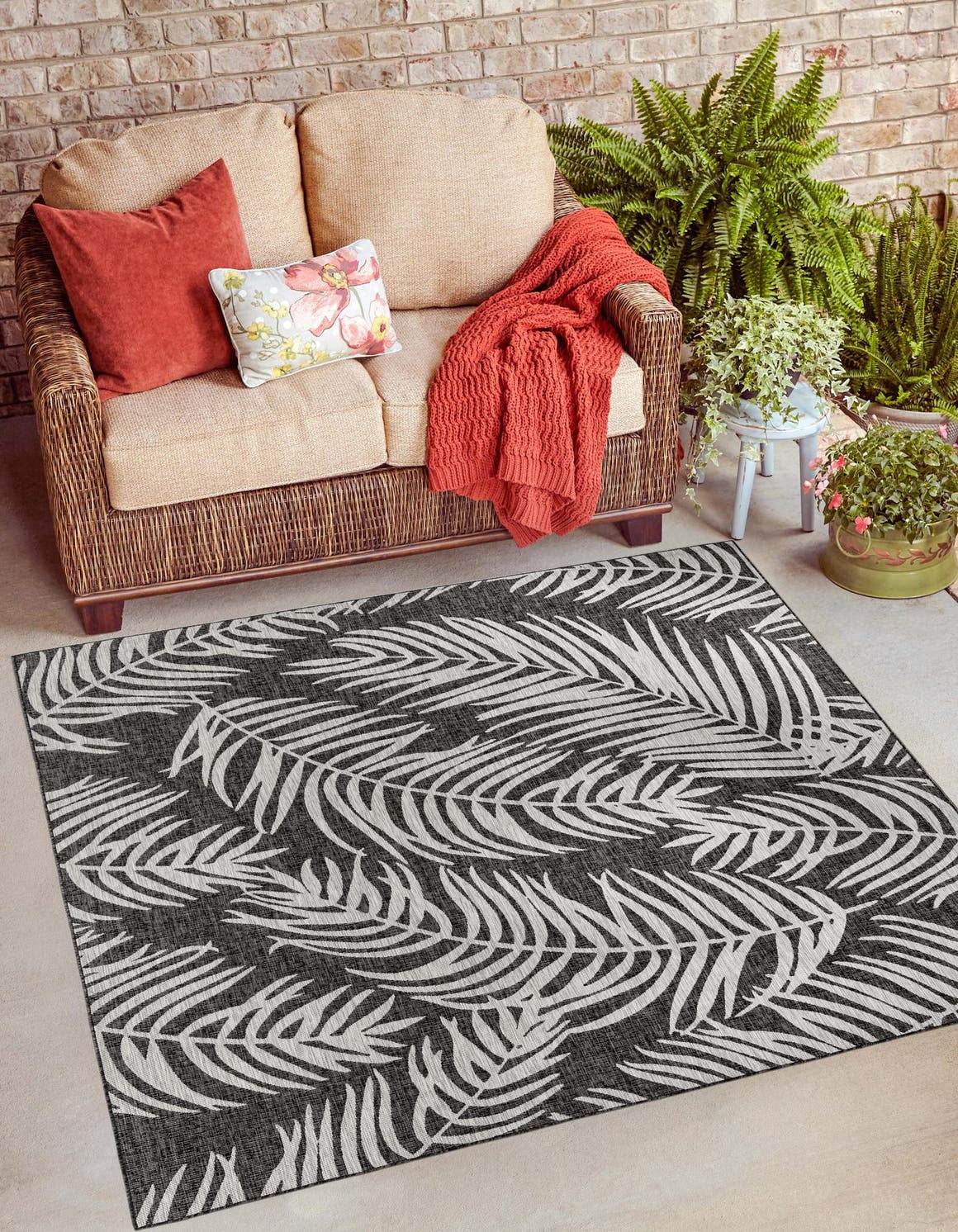 Unique Loom Palm Outdoor Botanical Rug 10' 0 x 10' 0 Square Charcoal