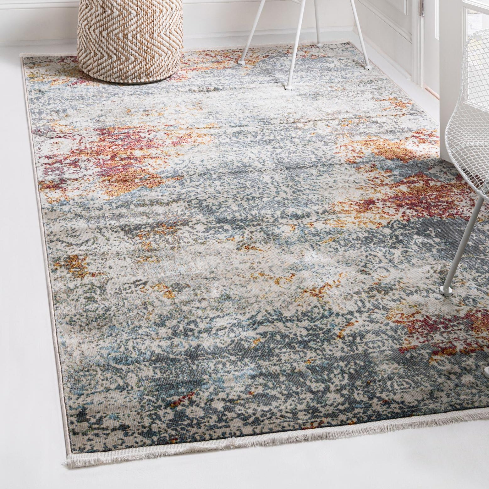 Ivory and Blue Abstract Rectangular Synthetic Area Rug