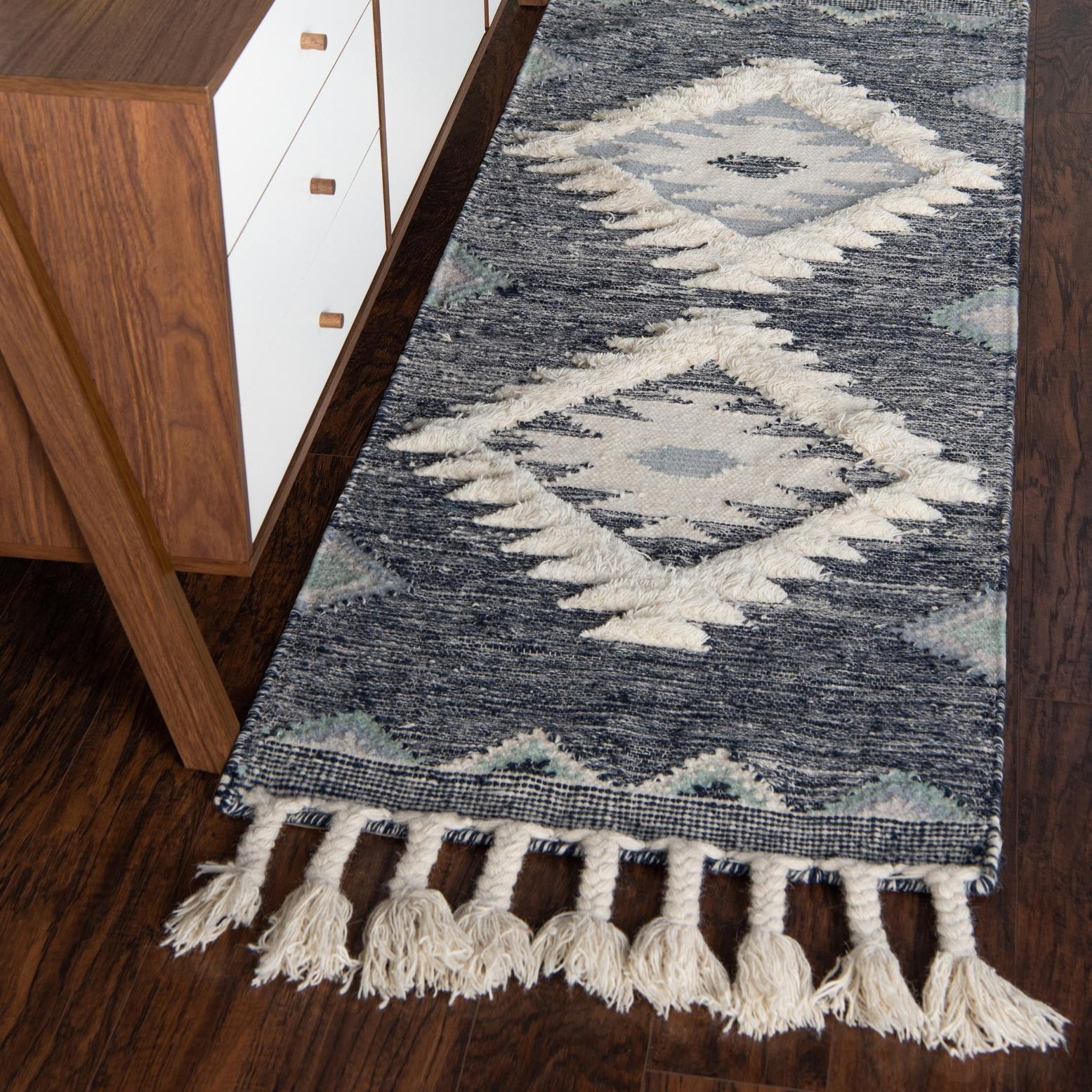 Mesa Dark Blue Geometric Wool Runner Rug with Fringe