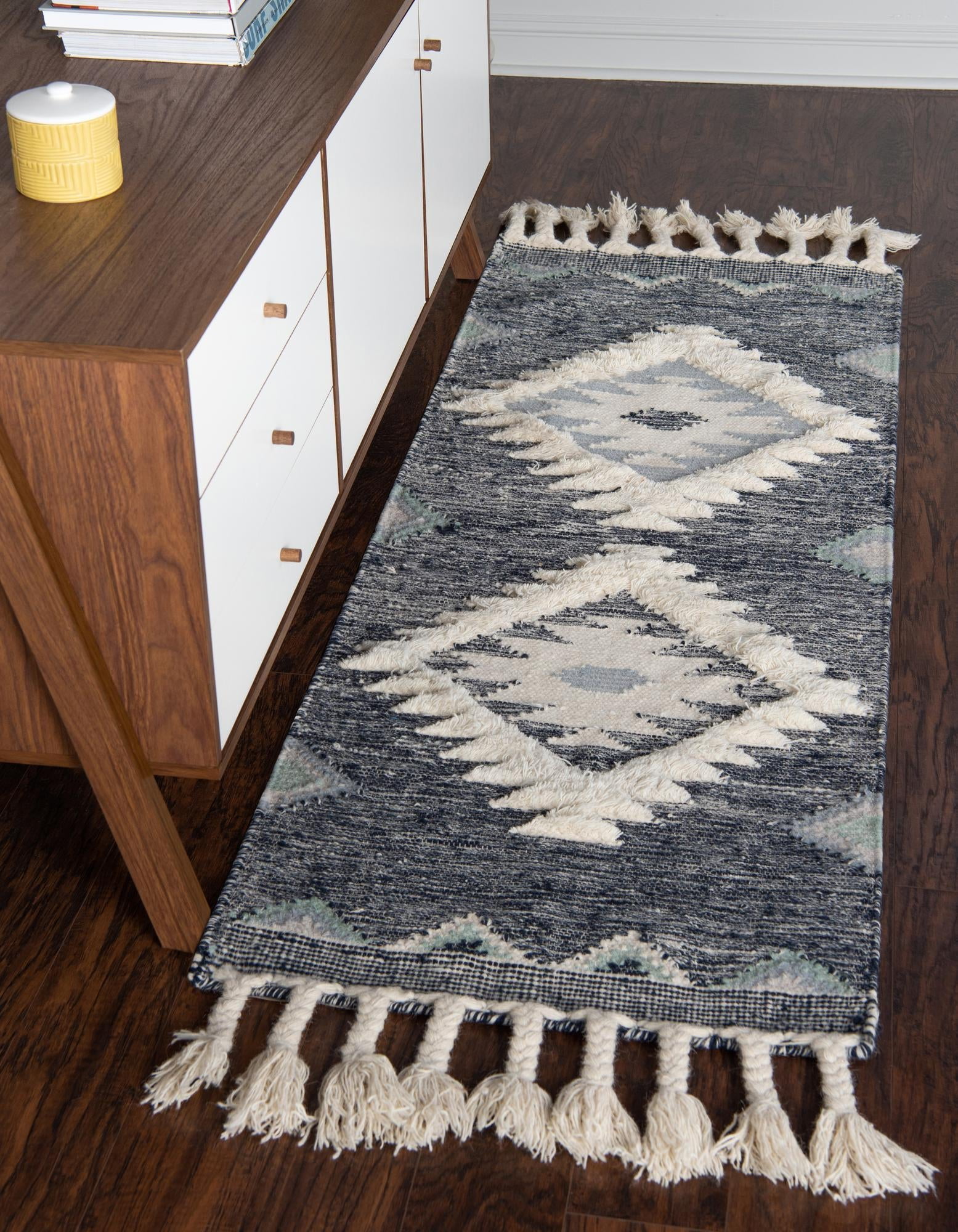 Mesa Dark Blue Geometric Wool Runner Rug with Fringe