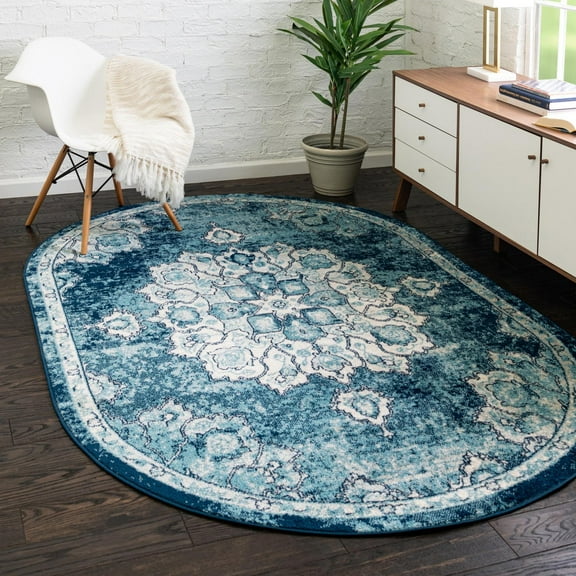 Unique Loom Parker Collection Area Rug - Kokulu (7' 10" x 10' Oval Navy Blue/Ivory)