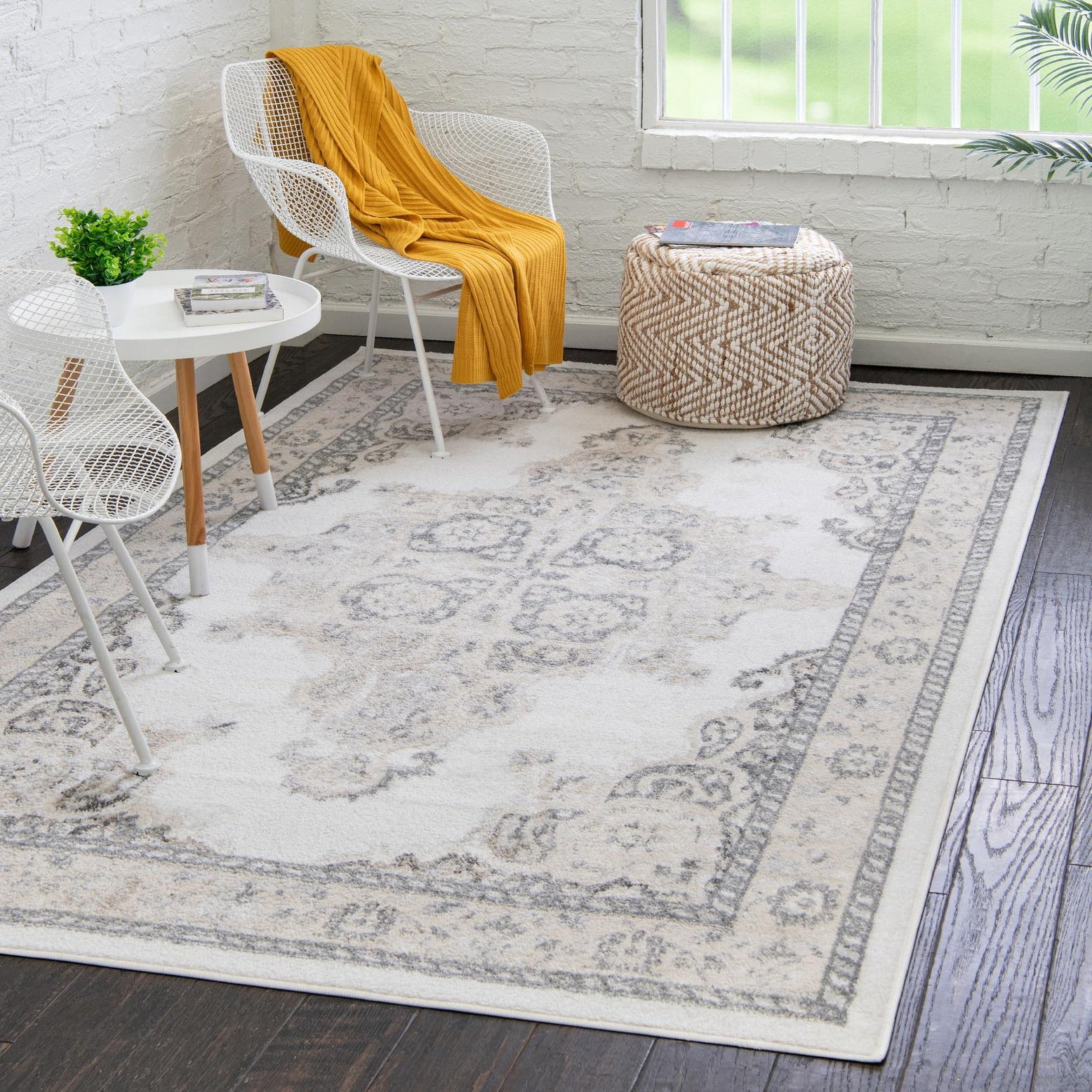 Ivory and Gray Medallion Rectangular Synthetic Area Rug