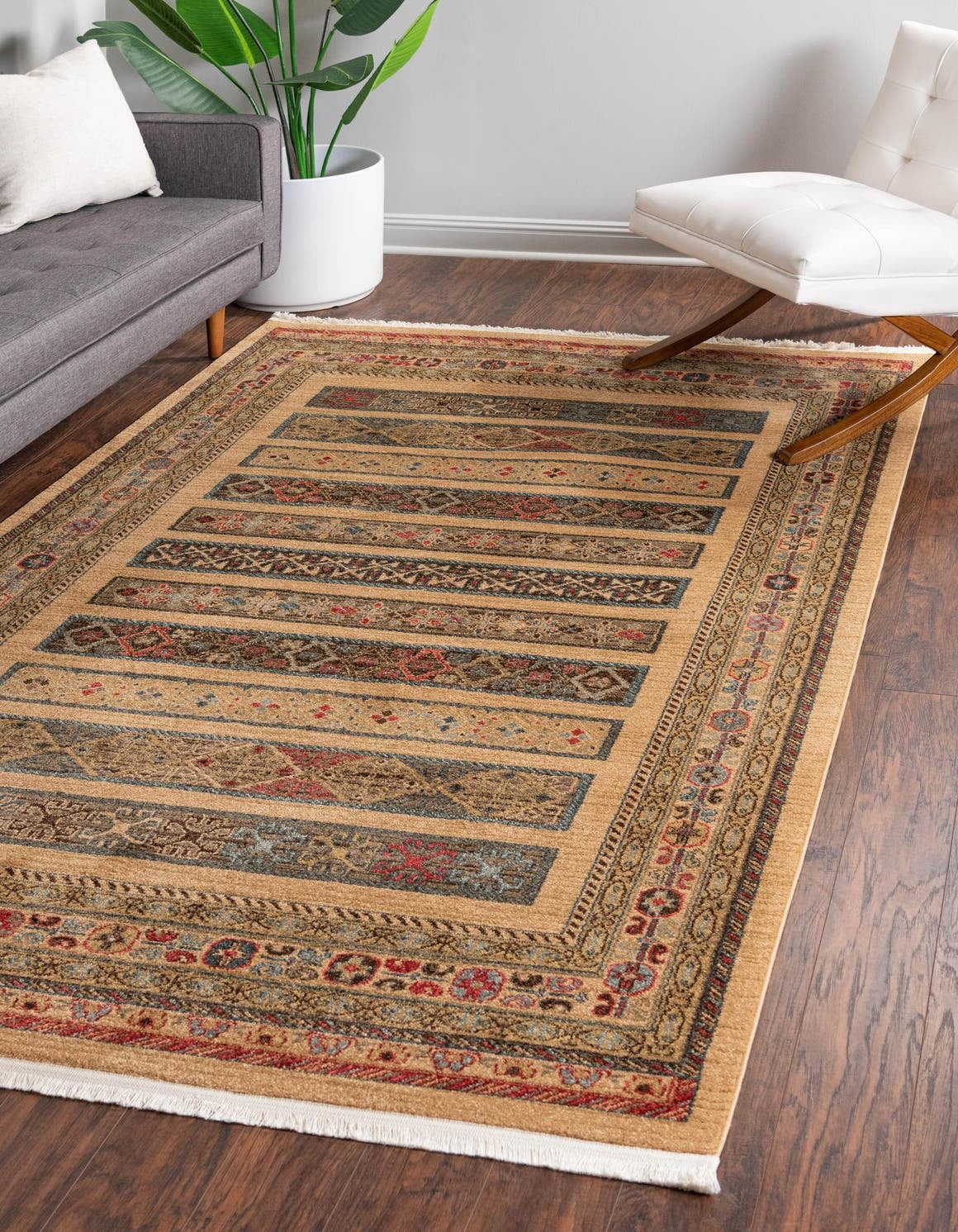Tan and Light Blue Rectangular Synthetic Striped Rug
