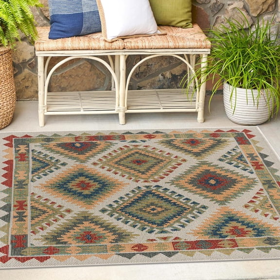 Unique Loom Baja Outdoor Collection Area Rug - Paz (7' 10" Square Ivory/Burgundy)