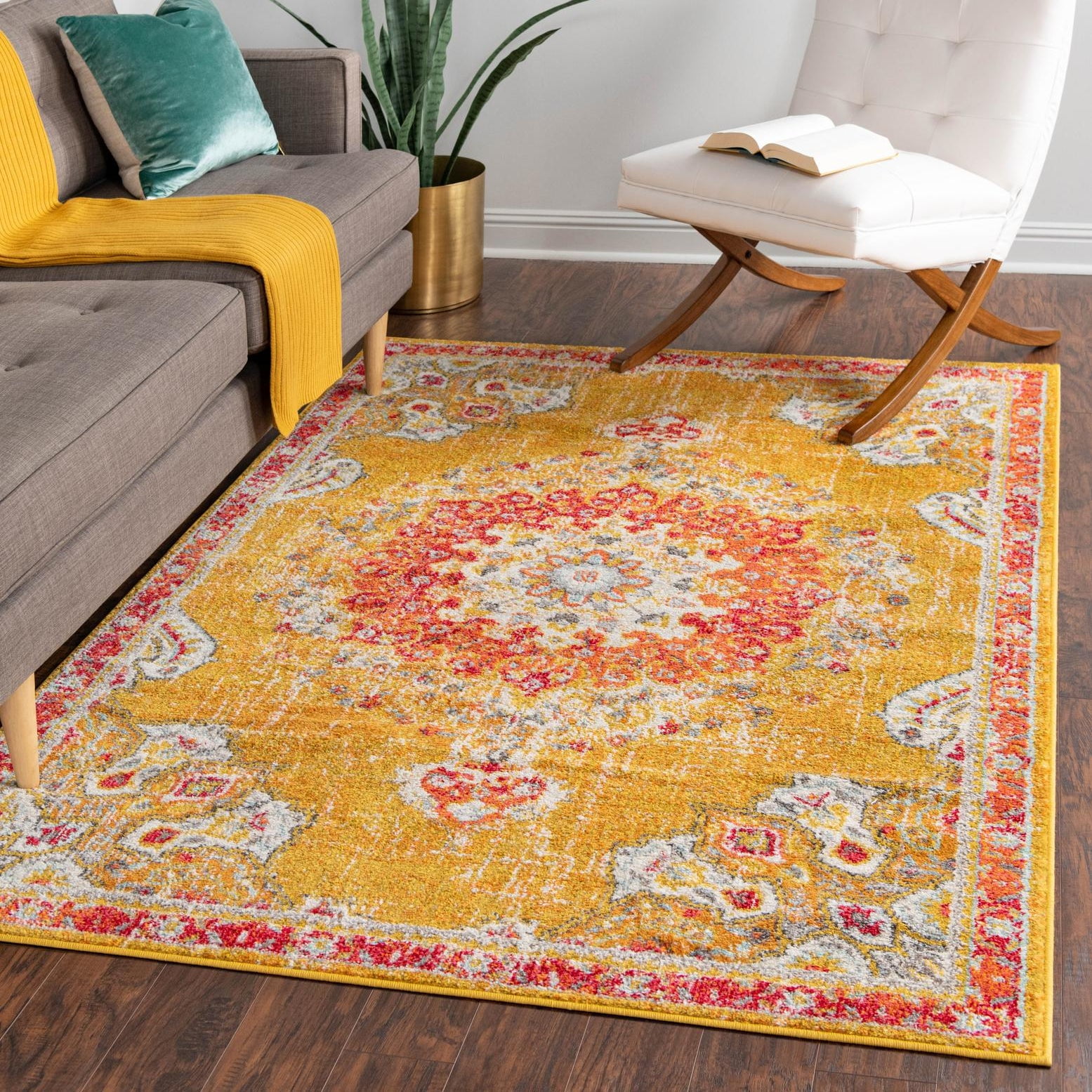Gold and Red Medallion Synthetic Indoor Area Rug