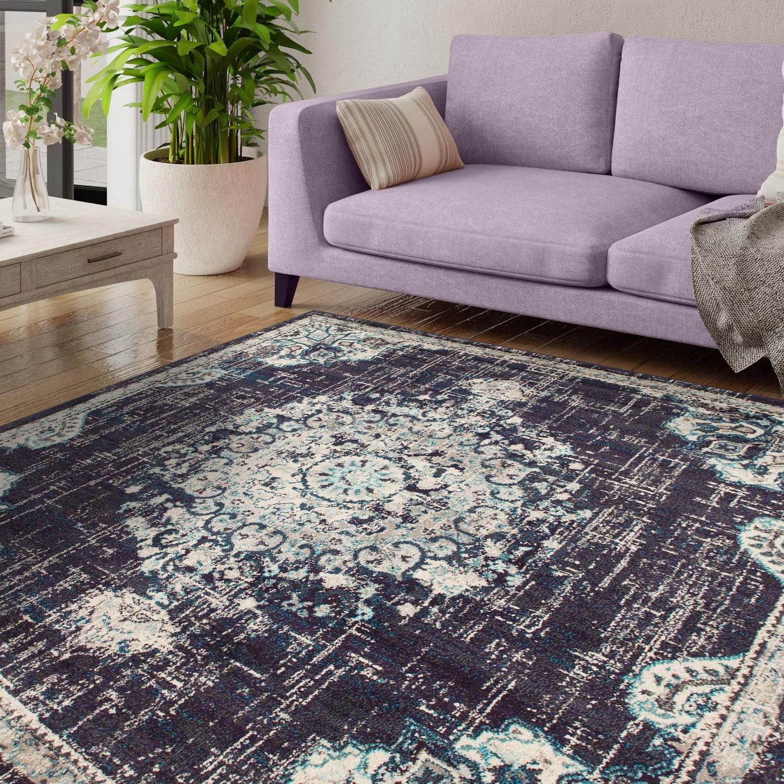 Navy Blue Synthetic Medallion Square Area Rug