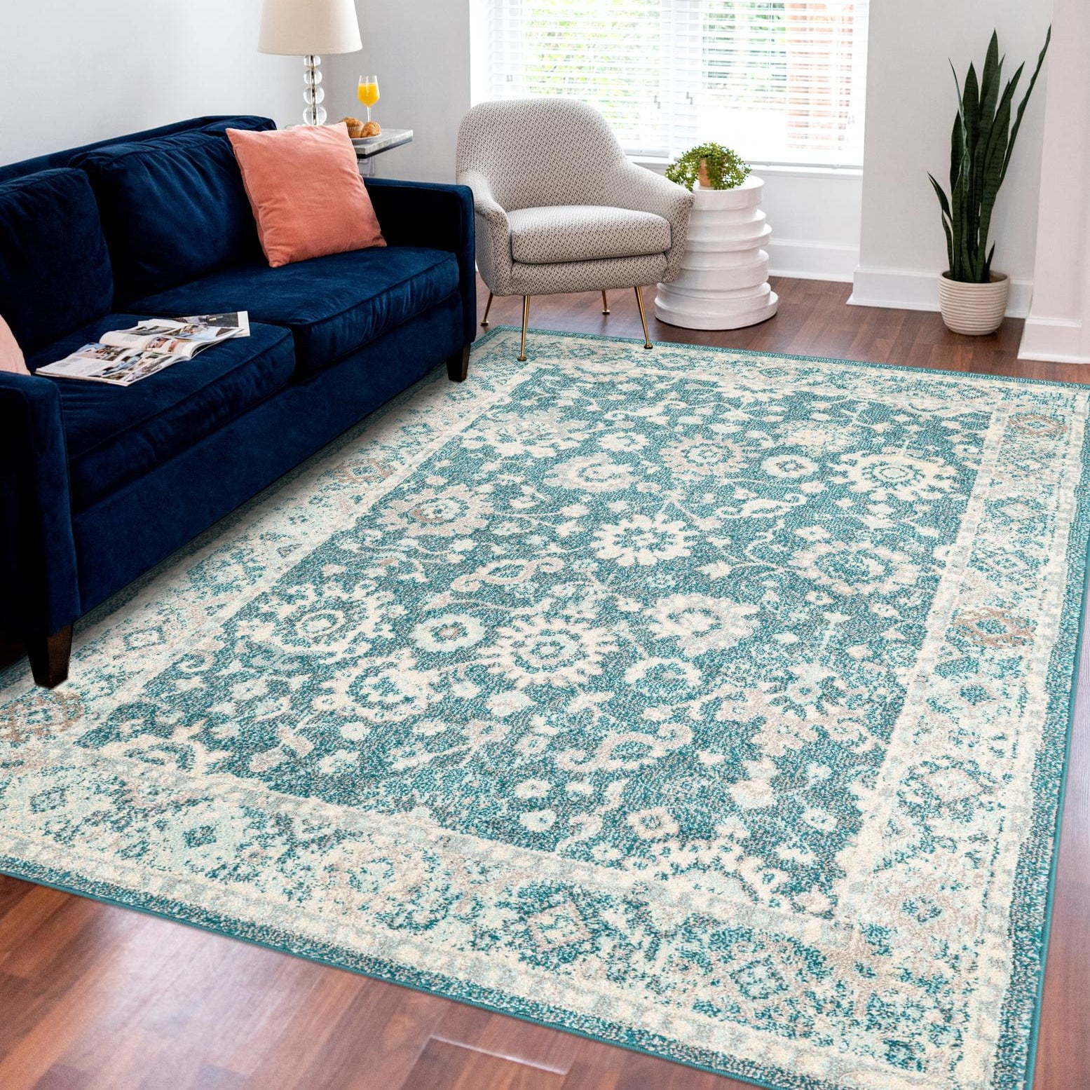 Turquoise and Beige Floral Synthetic 10' x 14' Area Rug