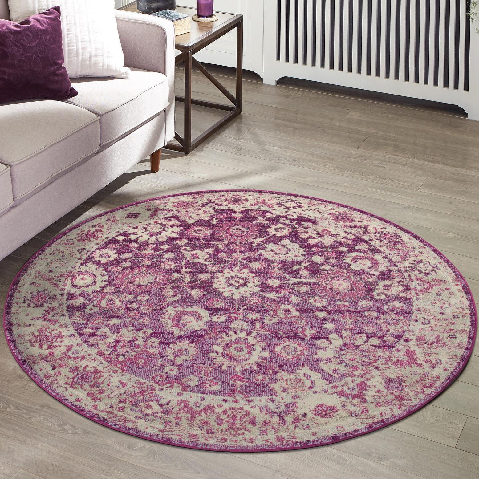 Krystle Round Purple Floral Synthetic Indoor Rug