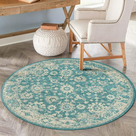 Unique Loom Penrose Collection Area Rug - Krystle (3' 3" Round Turquoise/Beige)