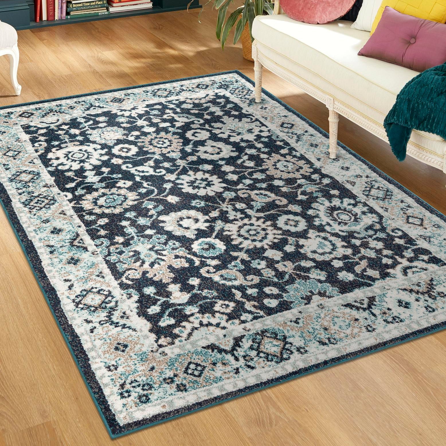 Navy Blue Floral Synthetic Rectangular Area Rug