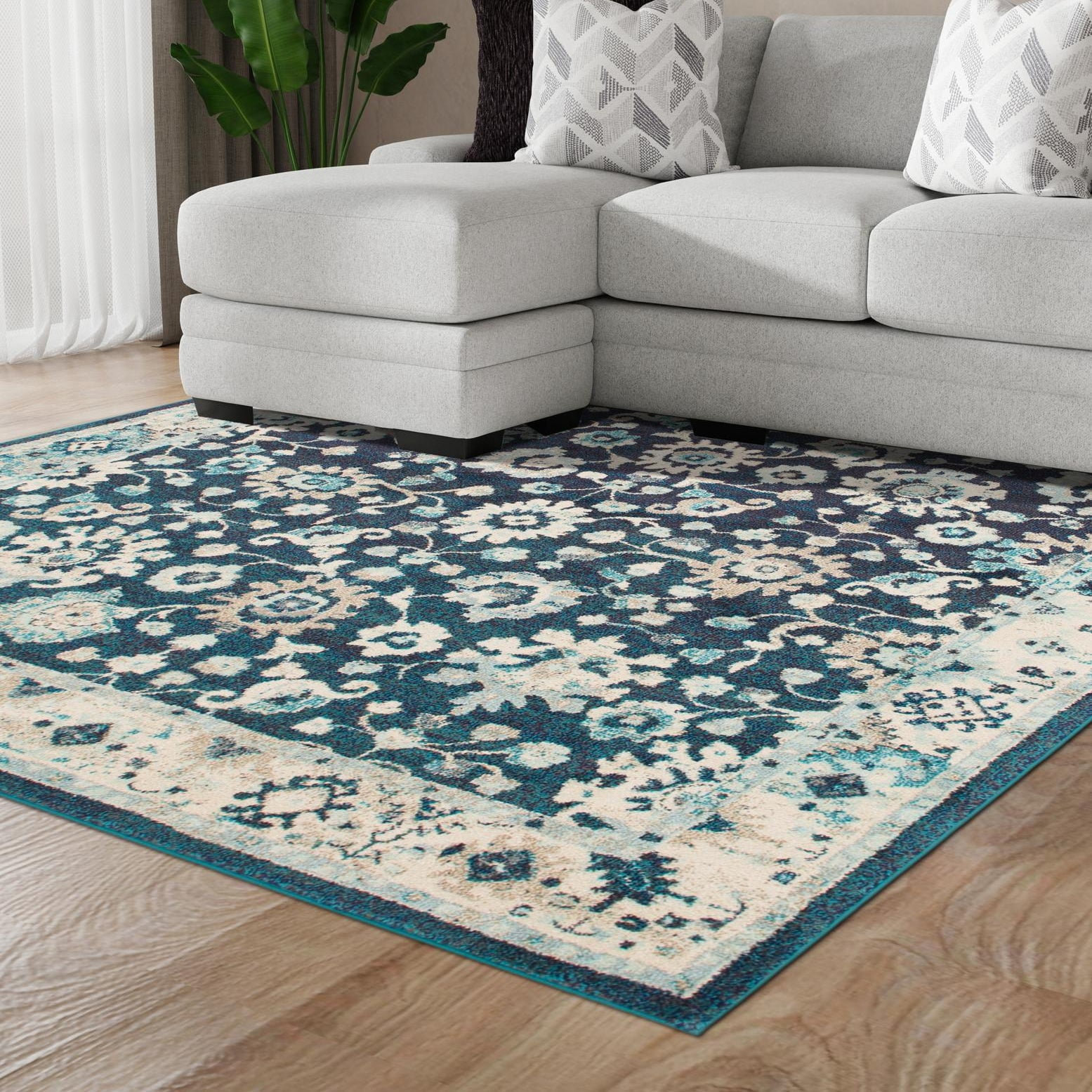 Navy Blue Square Floral Synthetic Easy Care Rug