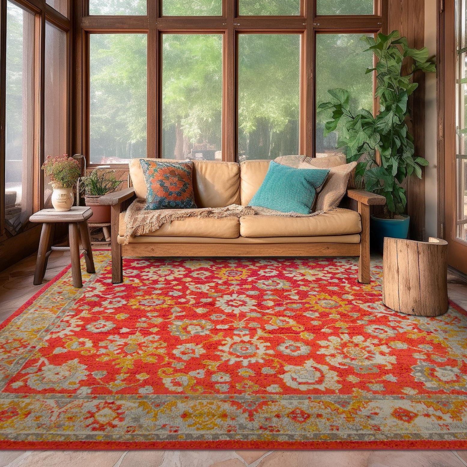 Rust Red Floral Square Stain-Resistant Synthetic Rug