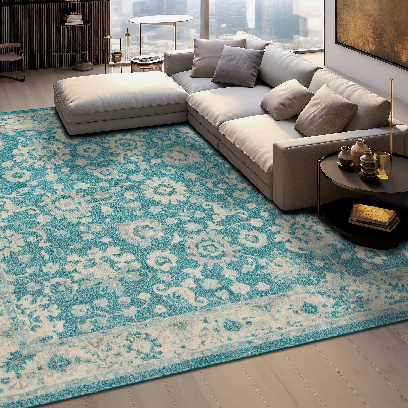 Turquoise Floral 8x8 Square Synthetic Rug for Indoor Elegance