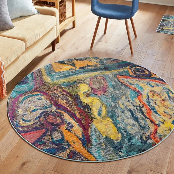 Unique Loom Haerfest Collection Area Rug - Peru (4' 1" Round Multi/Blue)