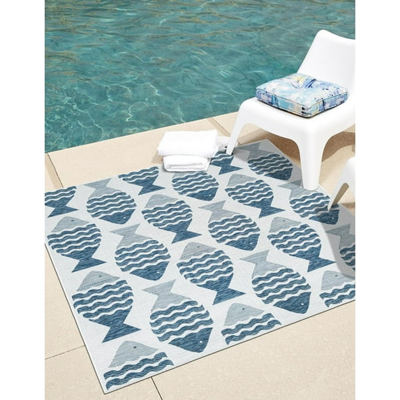 Unique Loom Pesci Outdoor Coastal Rug 12' 0 x 12' 0 Square Navy Blue