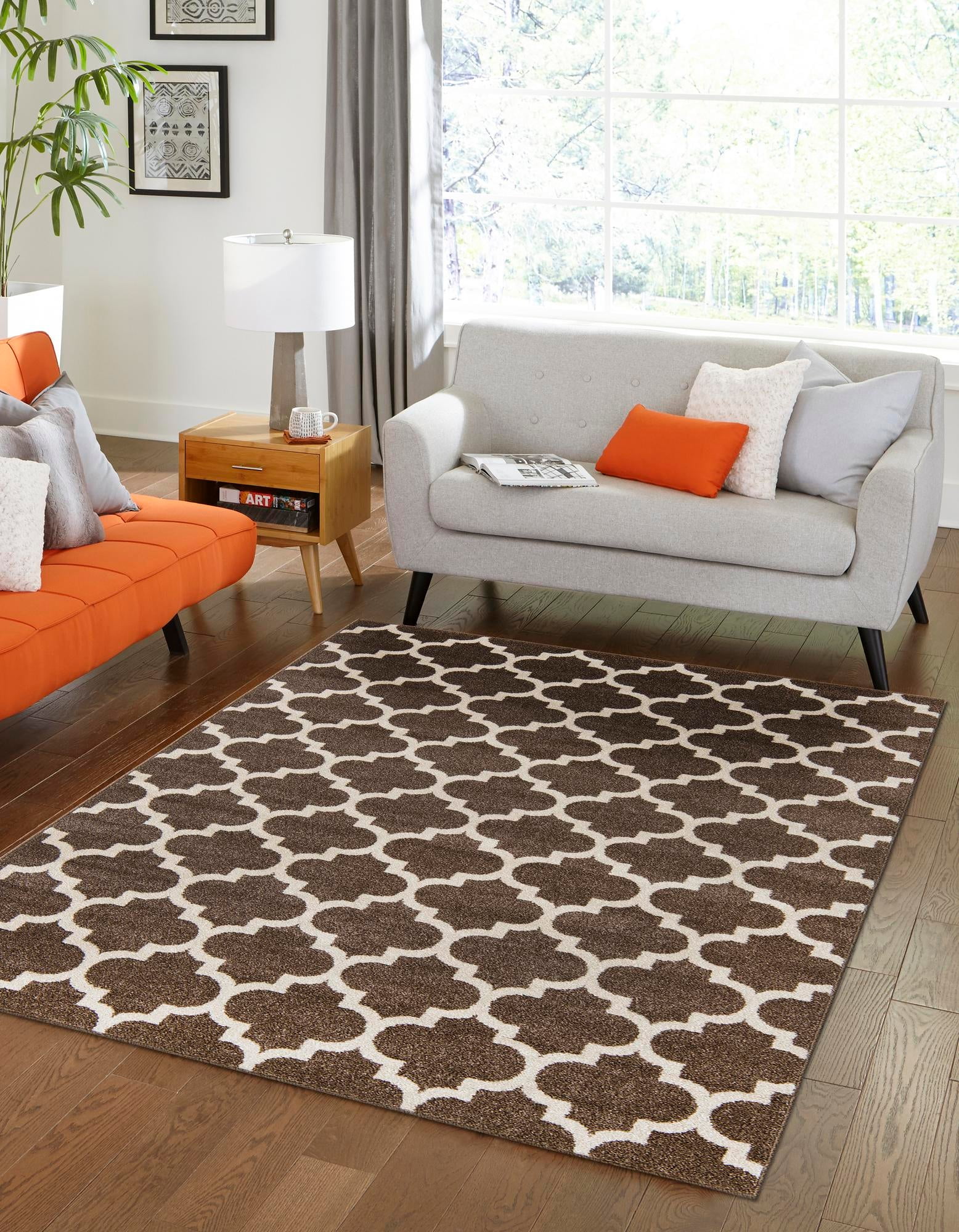 Brown Trellis 4' x 6' Stain-Resistant Synthetic Area Rug
