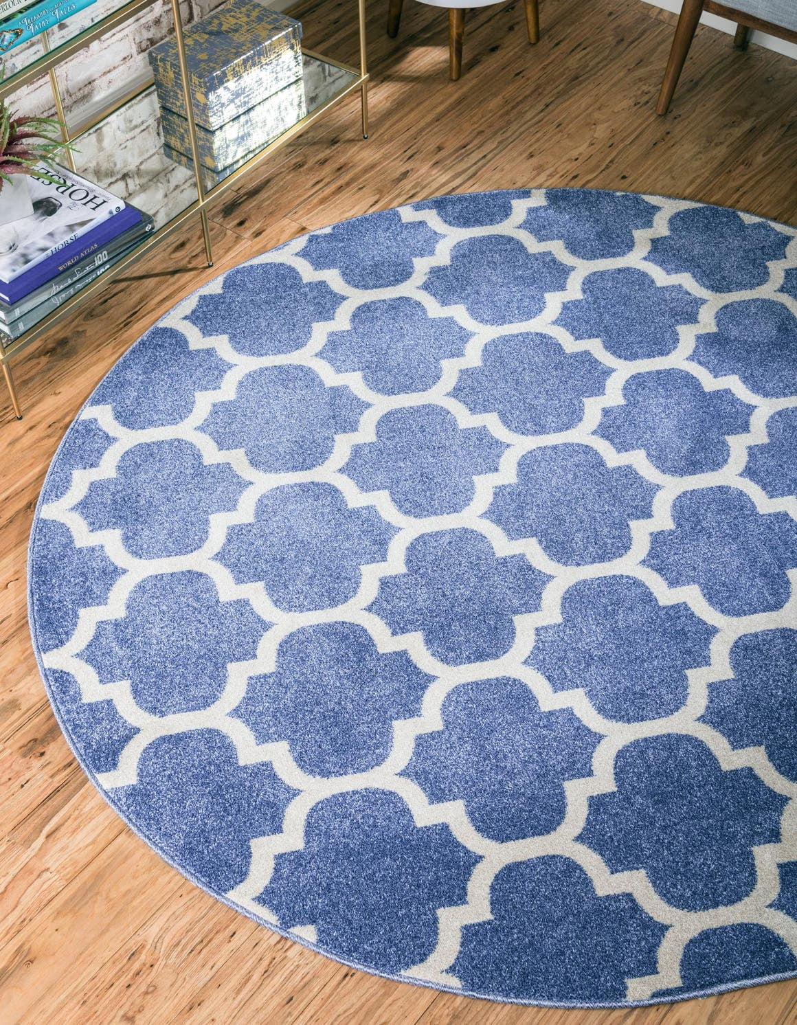 Light Blue Synthetic Trellis Round Washable Rug 8'